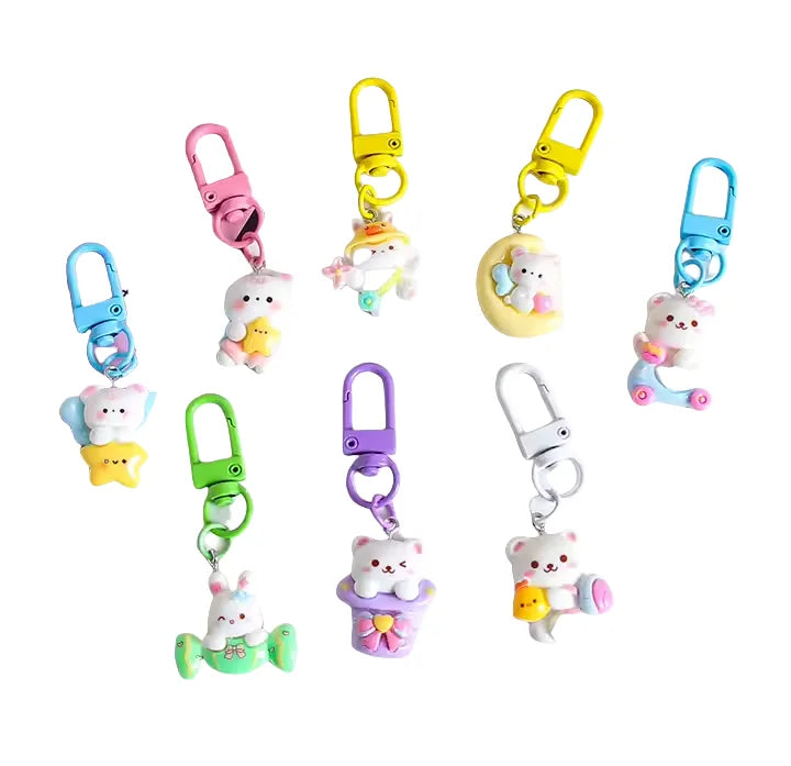 Acrylic Cartoon Bear Keychain Kawaii Rabbit Key Ring Pretty INS Design Resin Key Chains Schoolbag Pendant for Kids Cute Keychain