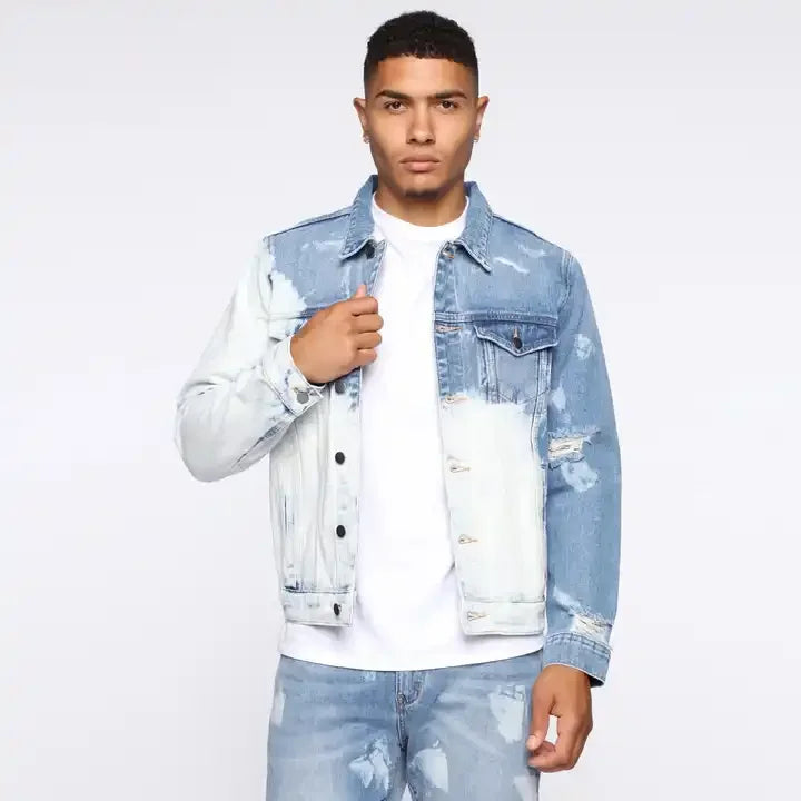Fashion Custom Denim Jacket Acid Washing Men Denim Jacket Hole Distressed Denim Jacket Vintage Wholesale