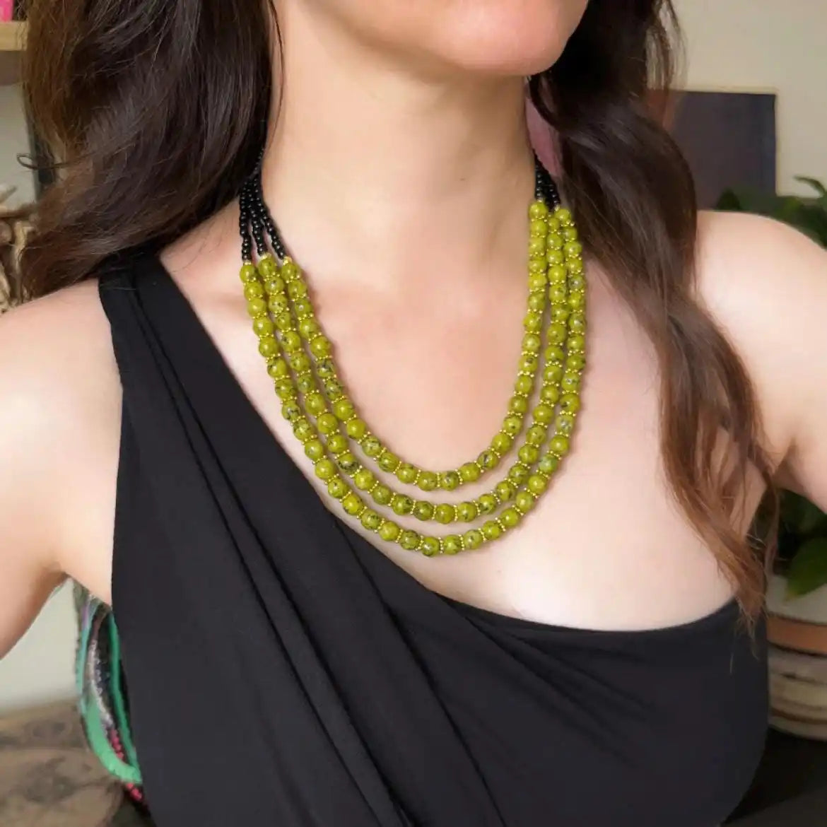 Olive Green Agete Chunky Beaded Necklace Green Gemstone Antique Style Elegance Multi-Strand Jewelry Boho Necklace Gift