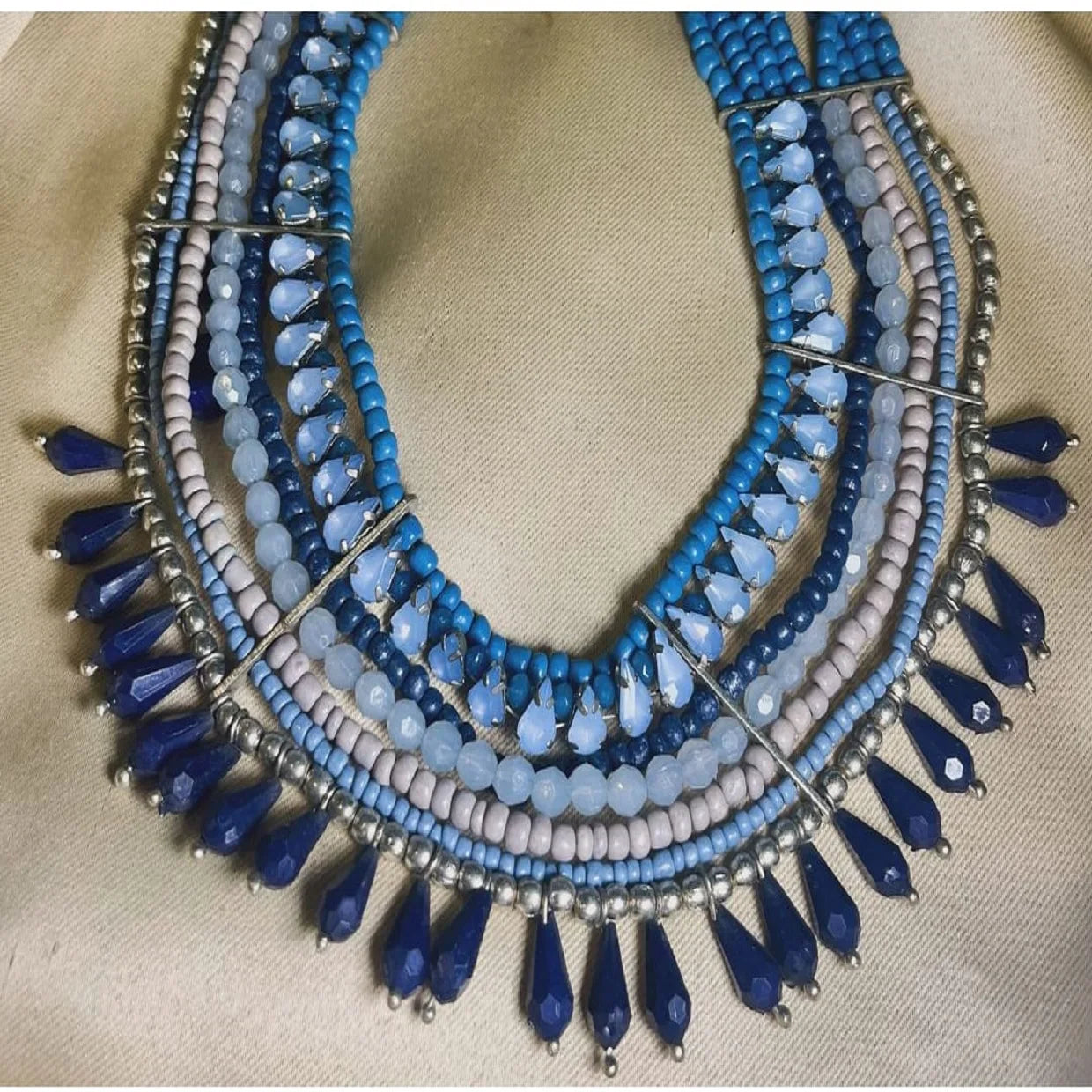 Custom Made Glass Beaded  Layered Necklaces Made with Glass Bone and Metal Beads Ideal for Fashion Jewelry Stores in Blue Beads