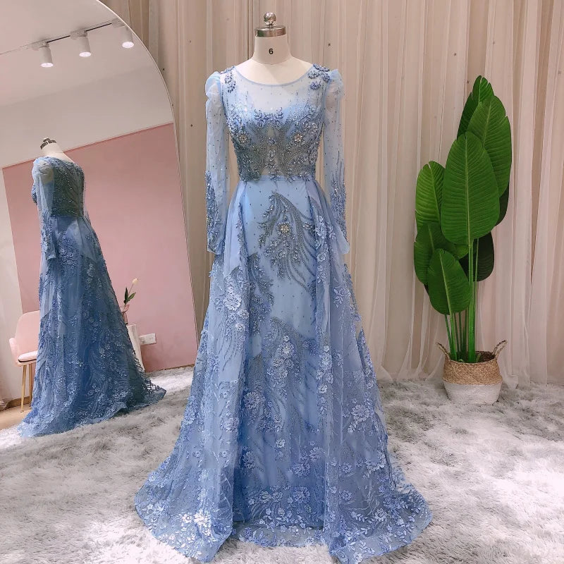 Jancember LSCZ78 Romantic Pretty Blue Organza Crestal Prom O-neck Full Sleeve Long Gown Evening Dress