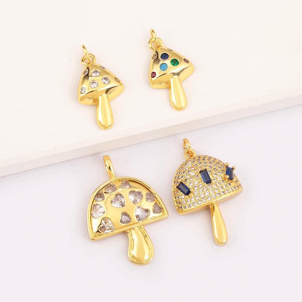 Wholesale Gold Plated Mushroom Pendant Set - Colorful Zircon & Crystal Inlay Cute Nature Theme Charms for DIY Jewelry