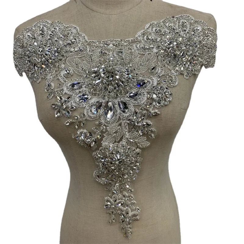 New Style Silver Wedding Dress Motif Lace Encrusted Hand Make Bling Bling Crystal Beads
