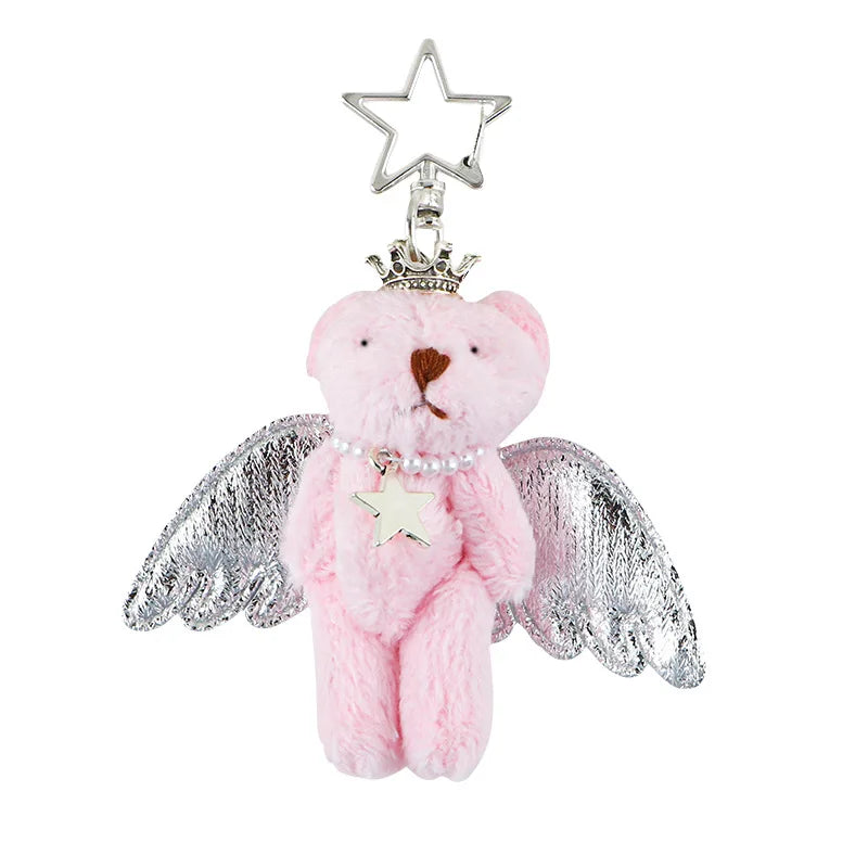 Mengda Cute Plush Crown Angel Bear Keychains Gold Silver Wings Pearl Star Necklace Cute Keychain Bag Pendant