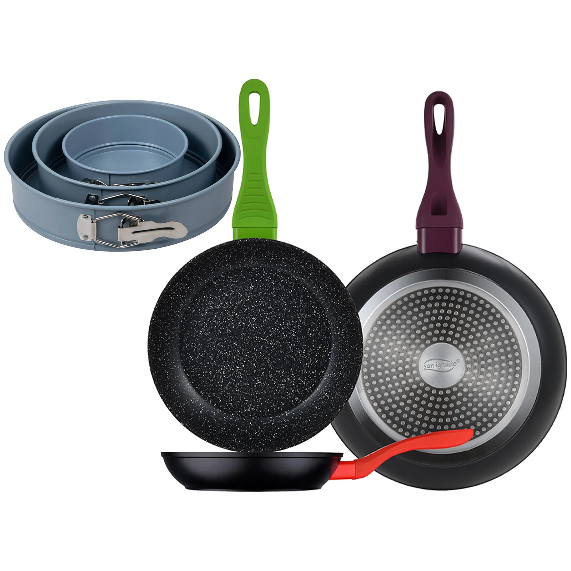 Set of 3 San Ignacio 20/24/28 forged aluminum frying pans induction compatible + Set of 3 round oven molds 121822cm