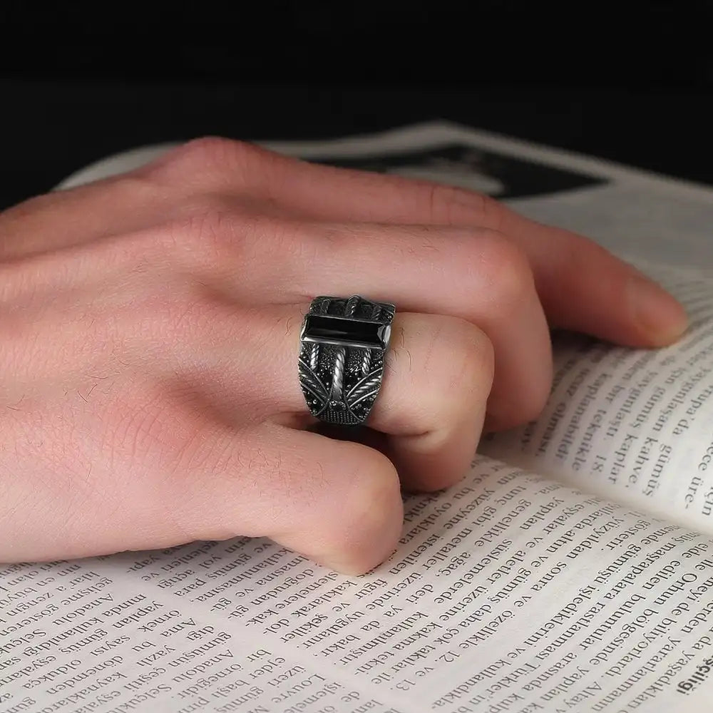 Turkish 925 Sterling Silver Men's Ring Ottoman Style Natural Stone Black Azuris VALKH1389