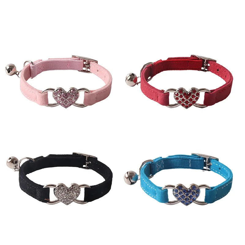 New Heart Shape Rhinestones Flannel Colorful Diamond Puppy Pet Collars for Small Dogs With Bell