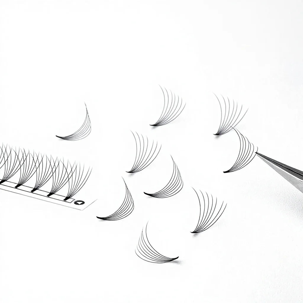 Factory 12 16 20 Rows Bulk Premade Fan 3d 5d 7d .07 Ellipse Flat Soft Russian Volume Premade Short Stem Premade Volume Eyelash