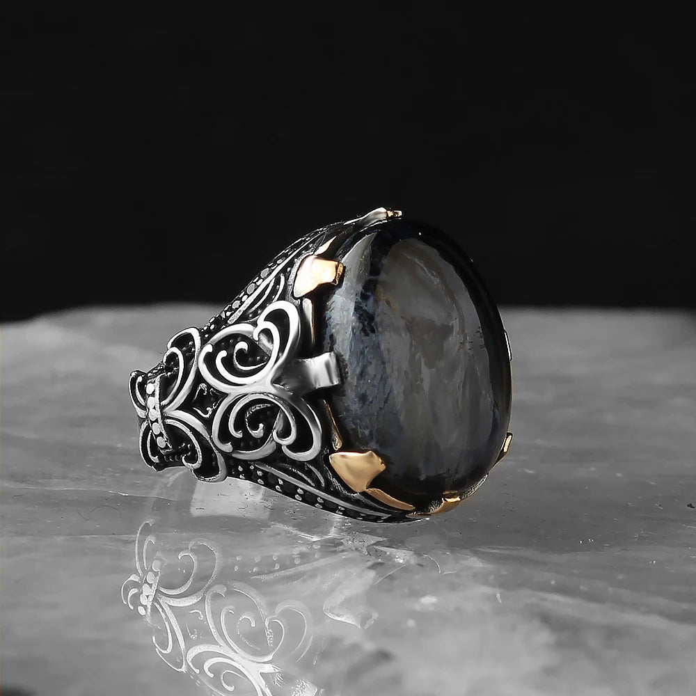Wholesale Fine Jewelry S925 Sterling Silver Men's Ring with Natural Stone Custom Logo Turkey King Design for Wedding Engagement