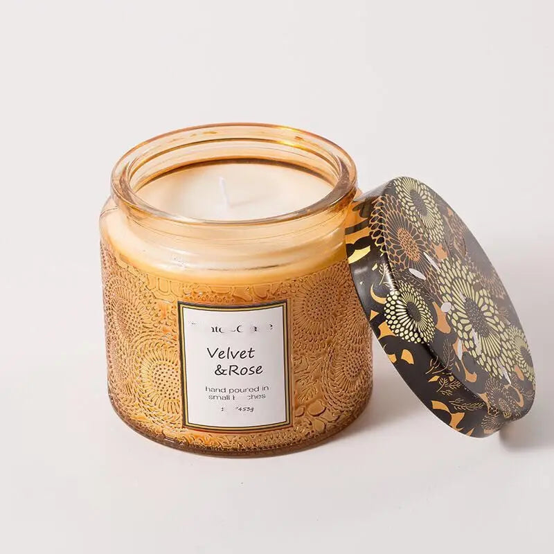 Wholesale Cheap Embossed Round Amber Glass Jar Candle Vessels with Metal Lid