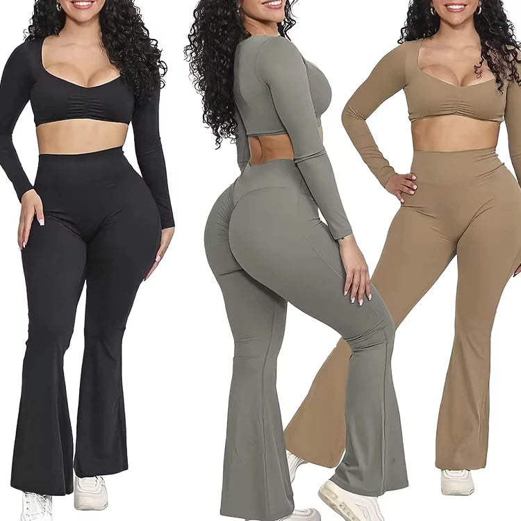 PASUXI High Quality Custom Design Women's Yoga Flare Pants Tracksuit Set Long Sleeved Square Neck Sportswear  Solid 2 Piece Set
