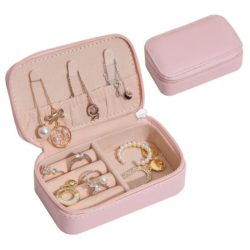 Elegant Portable Velvet Travel Jewelry Organizer with Zipper PU Leather Necklace Ring Storage Case Stylish Lady's Gift Box