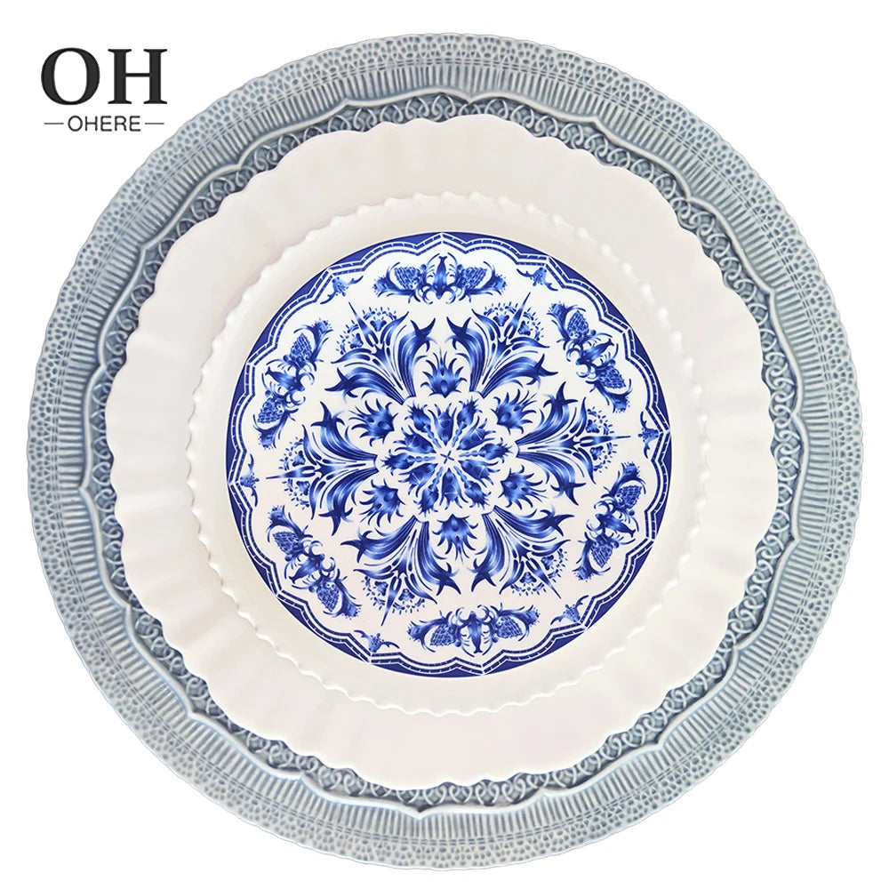 Factory Wholesale Blue Lace Charger Plate Dishwasher Safe Ceramic Tableware Set Bone China Blue Floral Ceramic Bread Plates