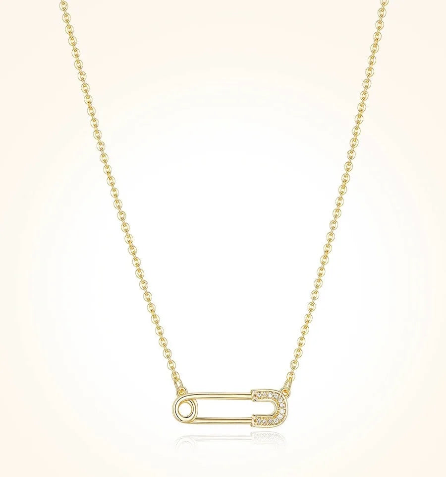 Fashion 18K Gold Silver Plated Simple Paper Clip Safety Pin Diamond Pendant Necklace 18Inch Stainless Steel Chain for Women