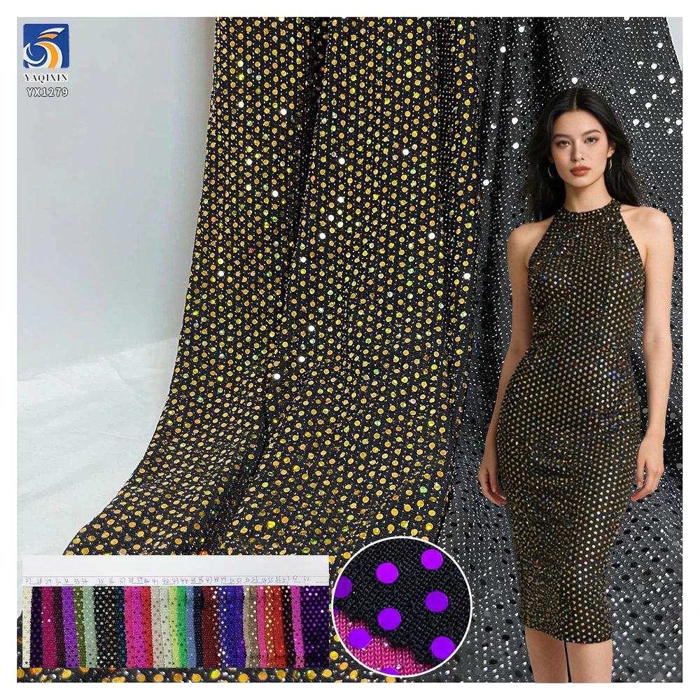 YX1279 130gsm New Arrival Nylon Spandex Stretch Laser Lurex Iridescent Sequin Fabric With Silver Dots for Party Dress Stretch MegaBDM