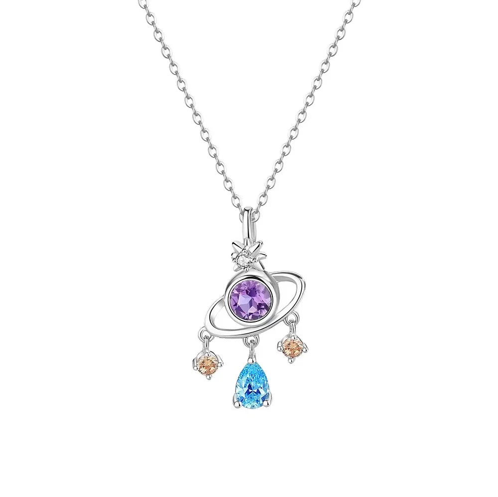 Elegant Trendy Platinum Plated Teardrop Zircon Necklace Planet Wrap Link Chain Women Unique Design Jewelry
