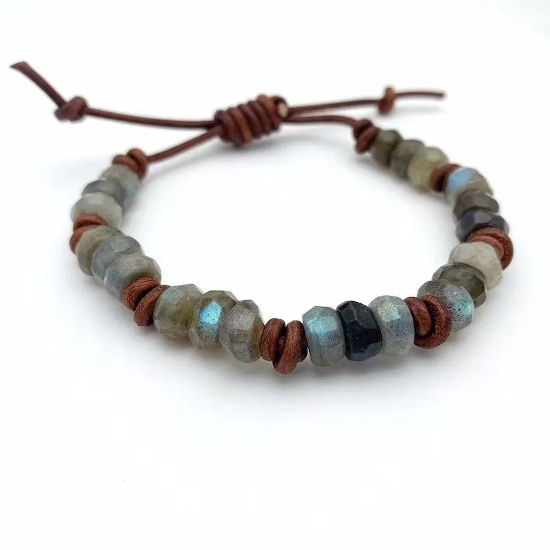 Natural Labradorite Gemstone and Rustic Brown Braided Leather Stacking Wrap Bracelet for Women Jewelry