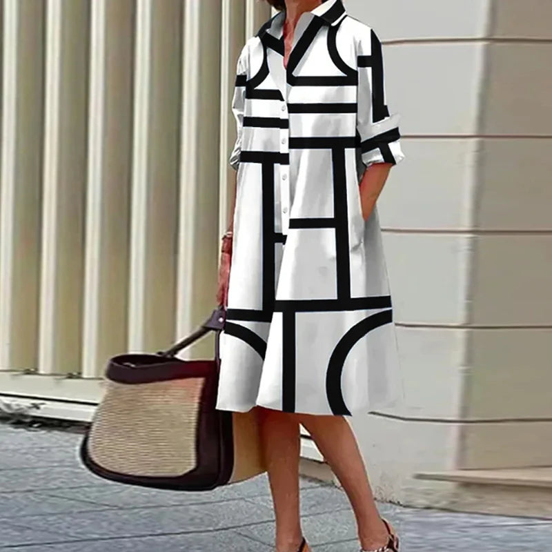 2025 Autumn New Product Fashionable and Elegant Polka Dot Printed Shirt-Collar Long-Sleeve Midi Dress