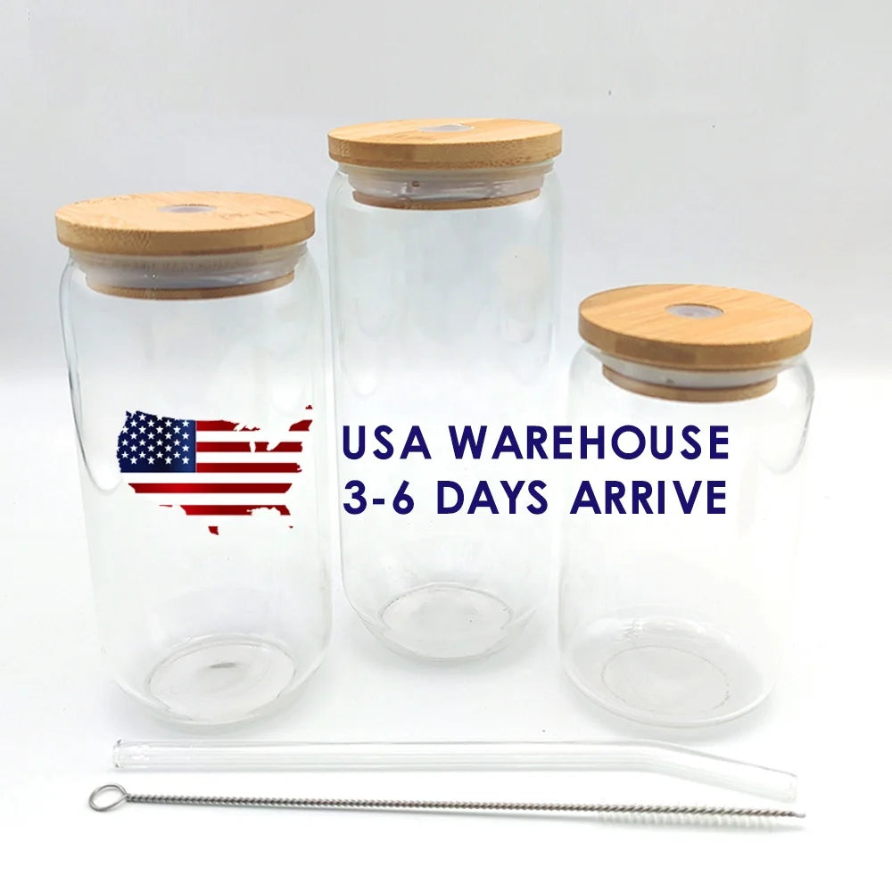 USA Warehouse Clear Frosted Blank 12 Oz 16oz 20oz Beer Can Shaped Glass Cup with Bamboo Lid and Glass Straw