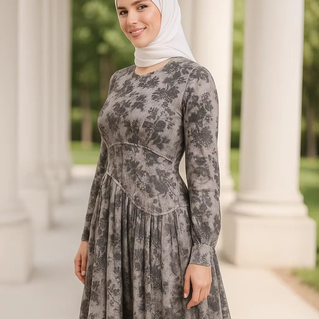 YXD115 2026 Eid Muslim Women Dress Islamic Hijab Traditional Luxury with Black Ink Pattern of Rose Flower Specially Customized