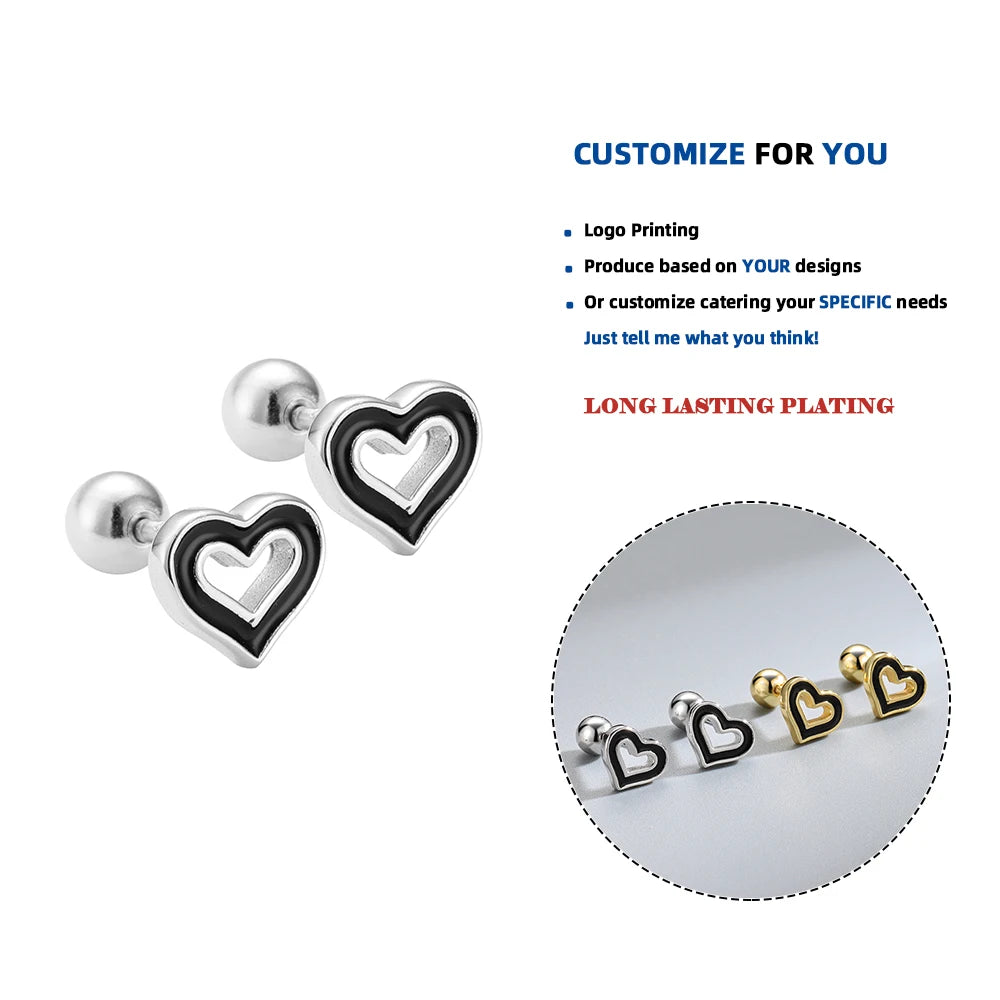 LE130 Vintage 925 Sterling Silver Small Skeleton Heart Wholesale Designer Fashion Jewelry Gold Plated Screw Back Earring Women MegaBDM