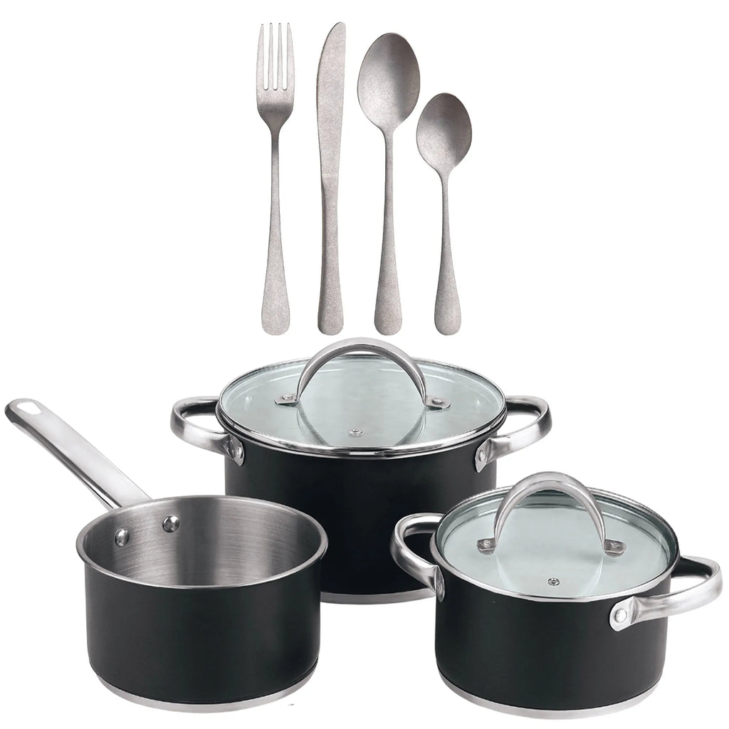 5-piece cookware set (2 saucepans with lids + saucepan) stainless steel with coating + 16-piece stainless steel cutlery set
