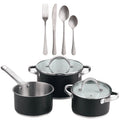 5-piece cookware set (2 saucepans with lids + saucepan) stainless steel with coating + 16-piece stainless steel cutlery set