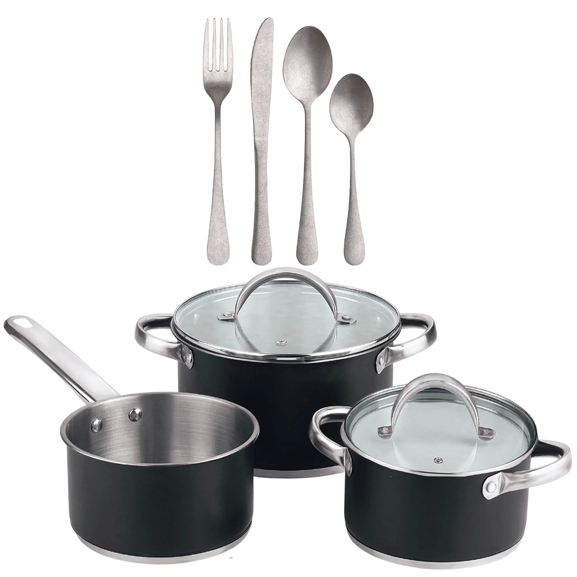 5-piece cookware set (2 saucepans with lids + saucepan) stainless steel with coating + 16-piece stainless steel cutlery set