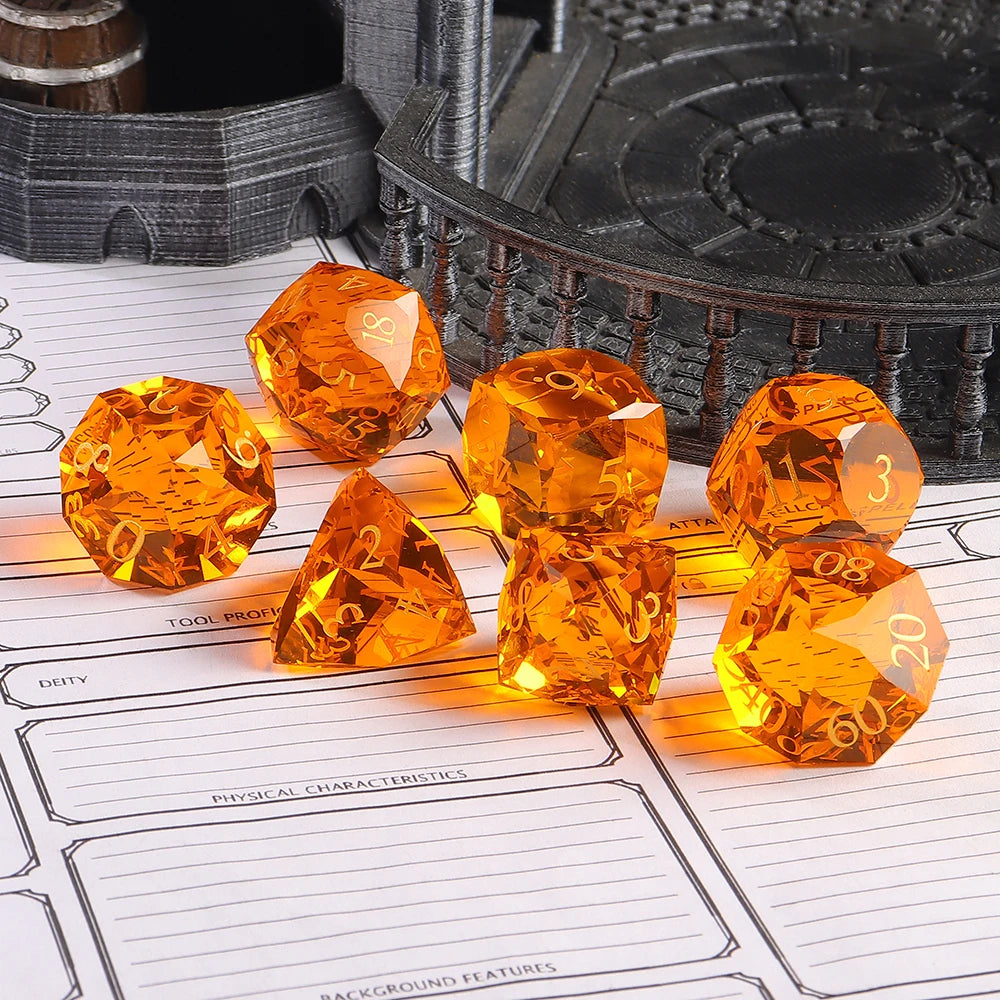 7 Pieces Handmade Custom Logo 16mm Polyhedron Dice Natural Glass for RPG Gemstone Dice Sets DND Dragons and Dungeons D6 D20