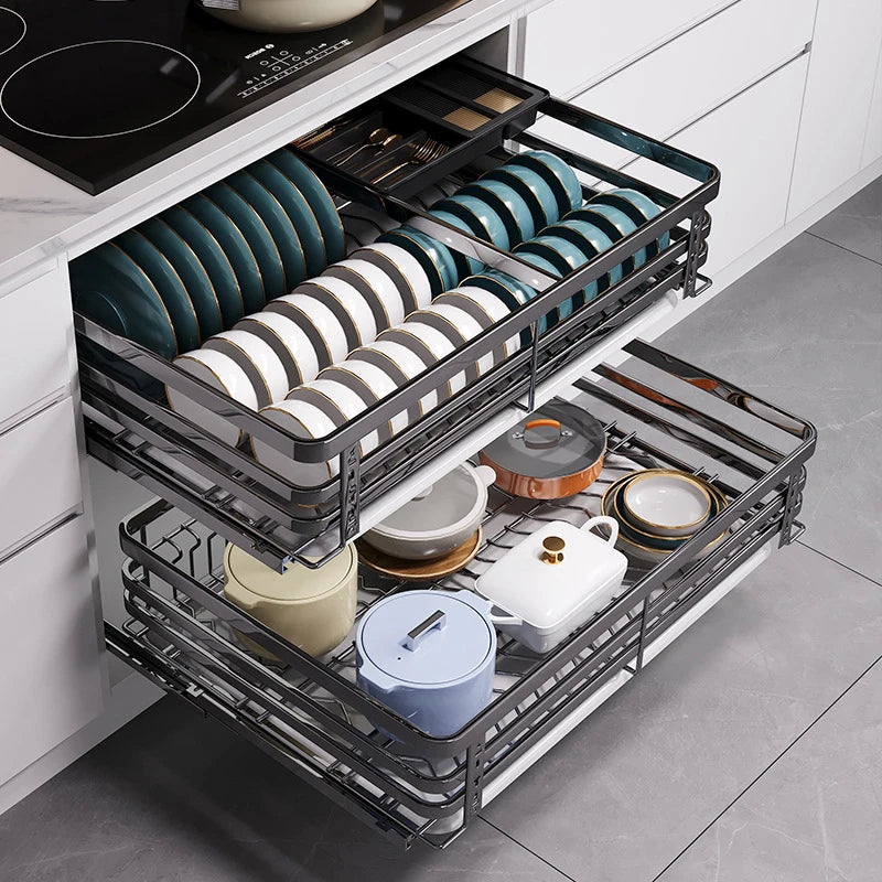 Modern Design 2-Tier Pull-Out Waterproof Dish Draining Rack 304 Stainless Steel Soft Close Slide Insert Drawer Kitchen Storage