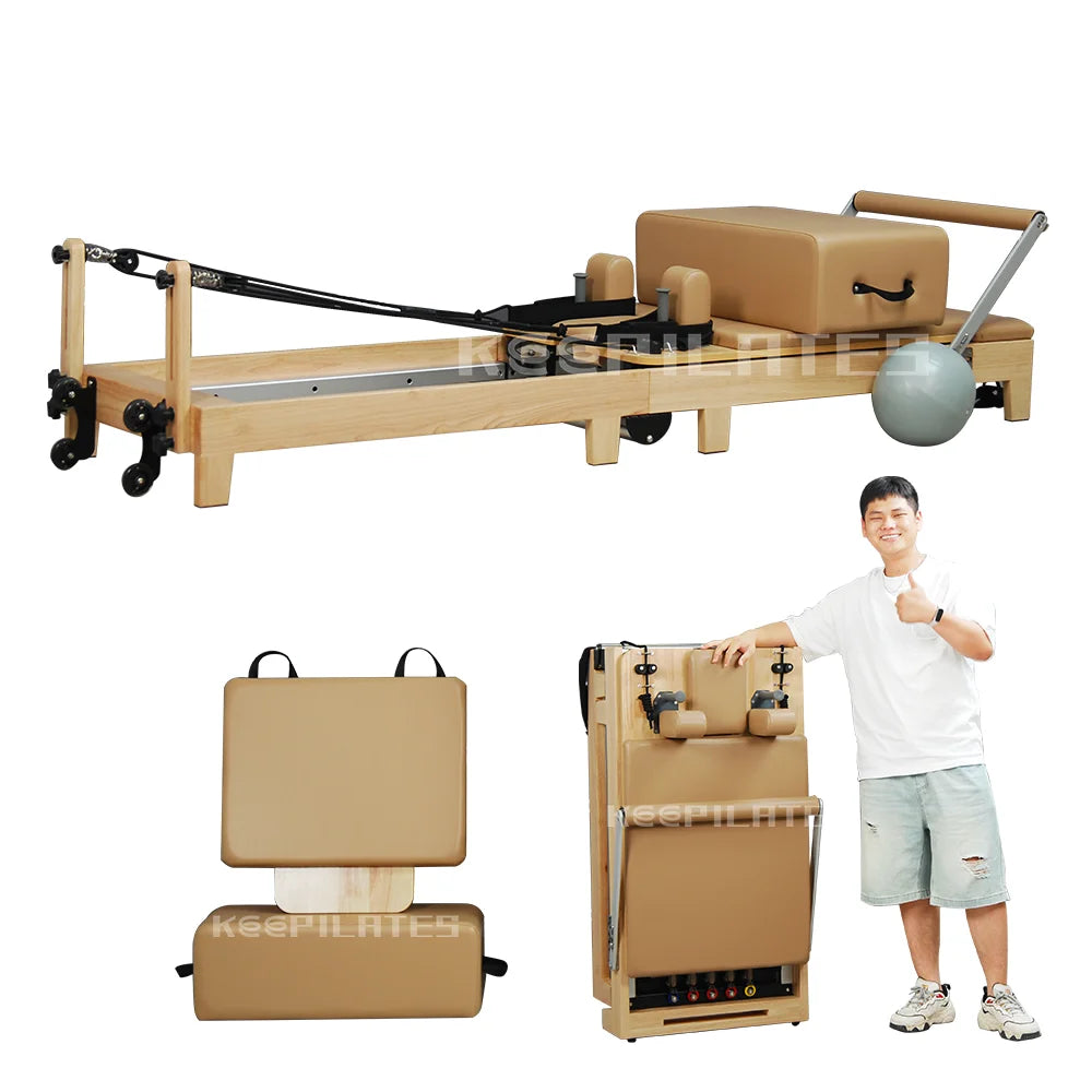 KEEPILATES Factory Direct Supply Folding  Oak Home Customized Leather Color Pilates Reformer Machine Reformer Pilates Plegable