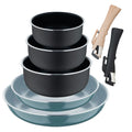 Set of 2 frying pans 24/28cm with removable handle green + 3 saucepans 16/18/20cm with removable handle black - Pressed