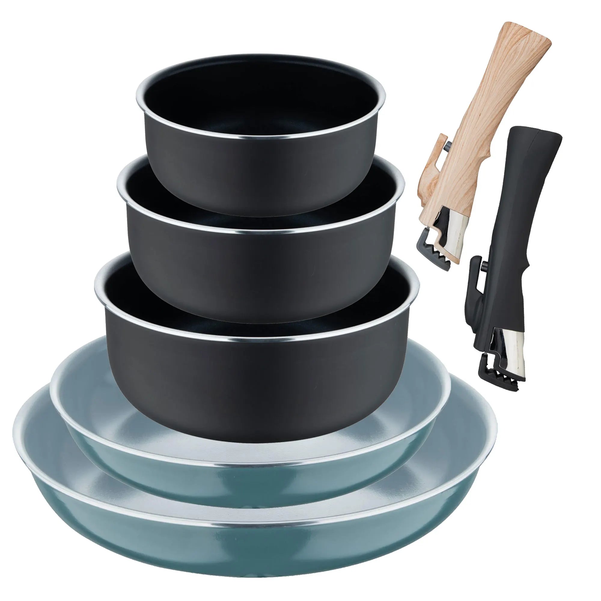 Set of 2 frying pans 24/28cm with removable handle green + 3 saucepans 16/18/20cm with removable handle black - Pressed