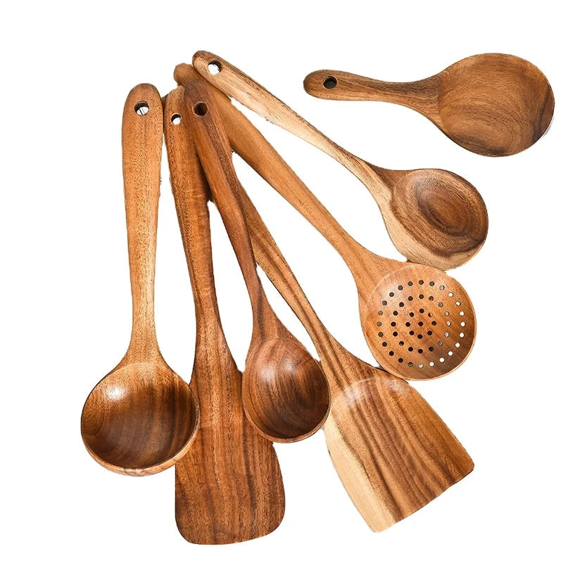 In Stock Wholesale Teak Wooden Cooking Set Utensils Spatula Spoon Salad Fork BPA Free Non-Stick Eco Kitchen In Stock. MegaBDM