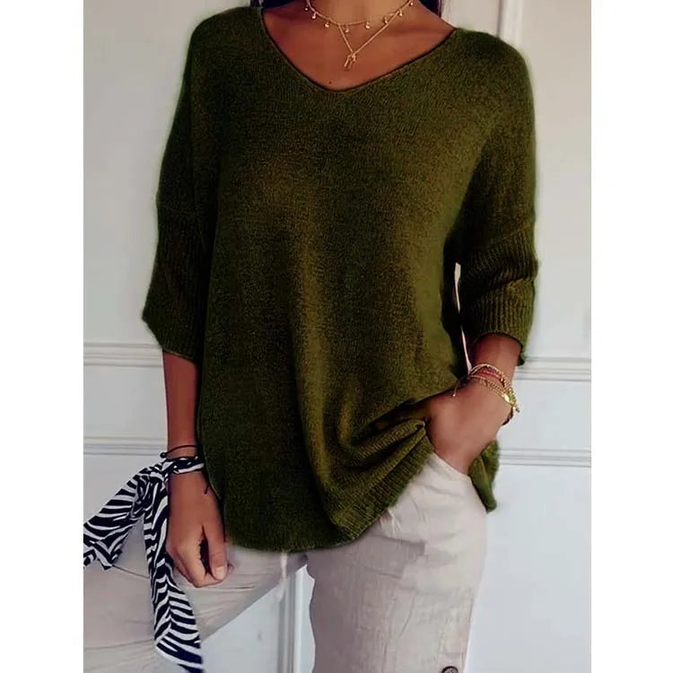 Women's Basic Slim-Fit V-Neck 3/4 Sleeve Solid Knit Top Euro-American Style Casual Layering Sweater-4