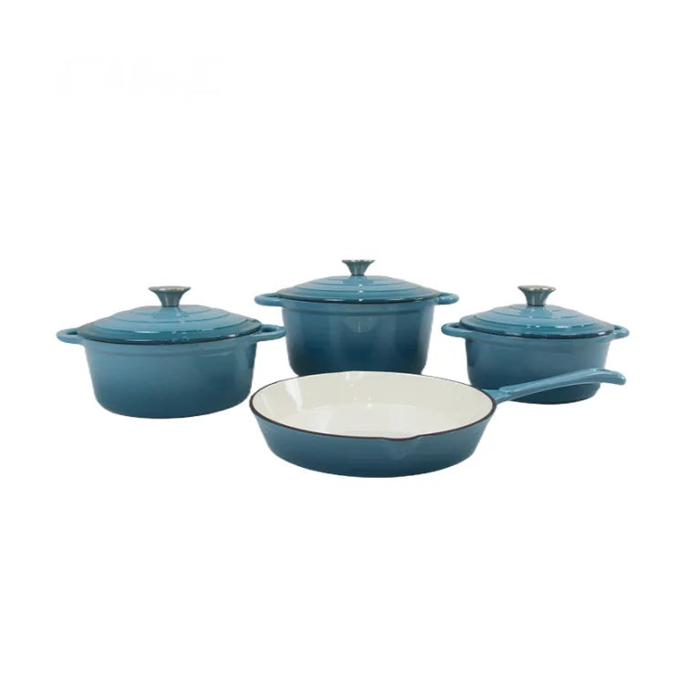 Modern Design Style 4pcs of Cast Iron Enamel Kitchen Cooking Set Soup Pots and Cooking Pan Set for Delicacy Lover