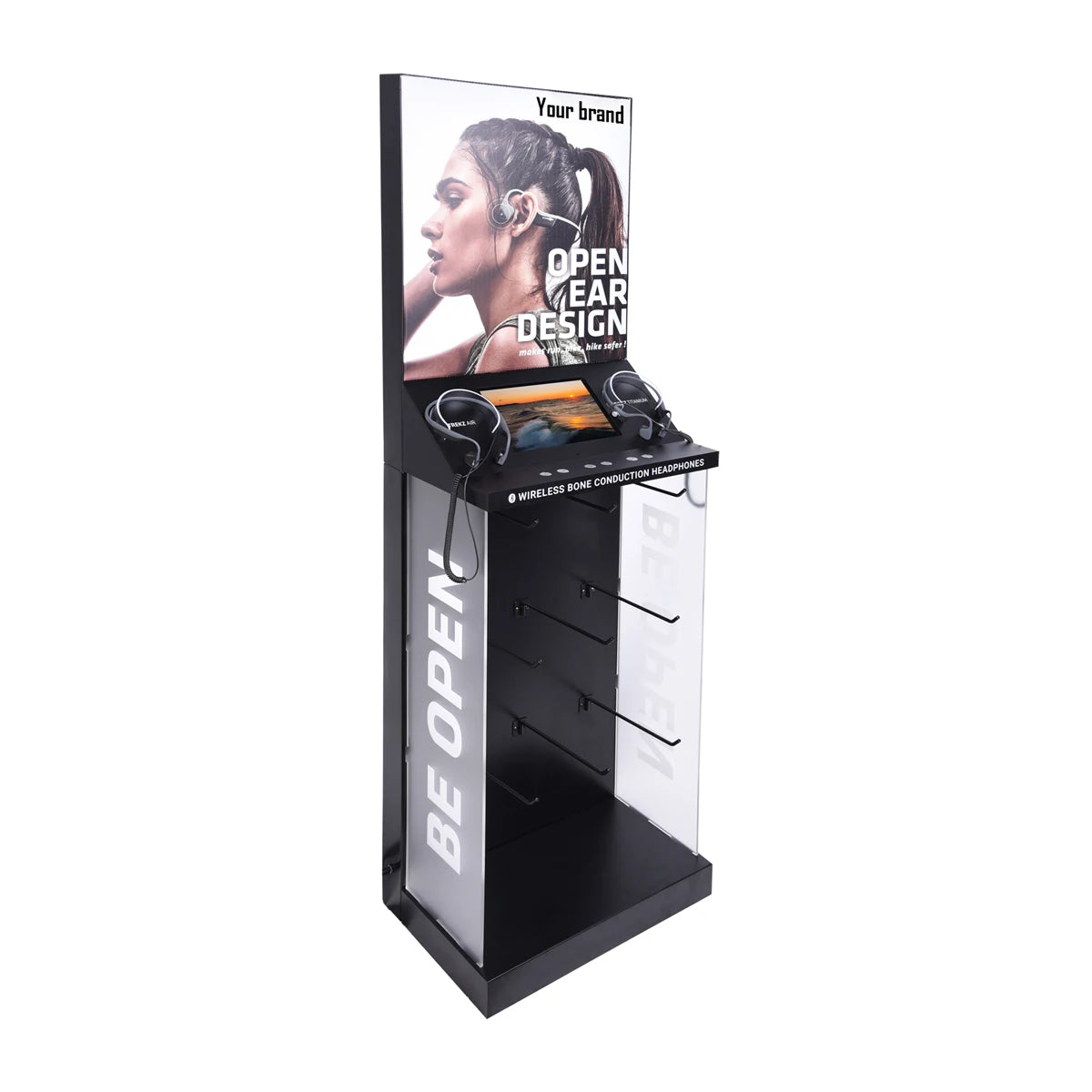 Customized Bone-Conduction Wireless Headphone Display Stand Acrylic Metal LCD Retail Store Floor Display for Advertising