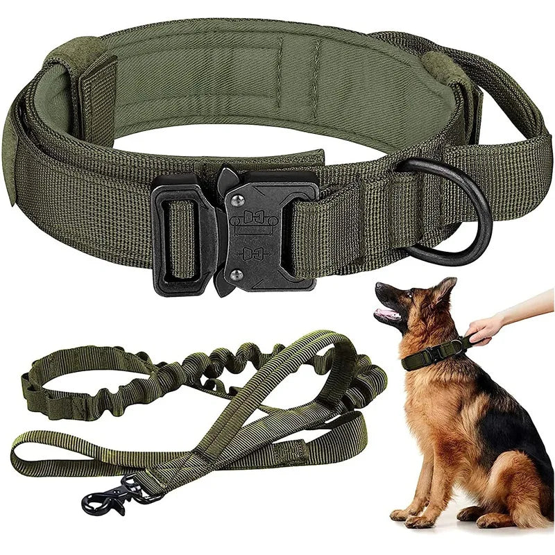 Tactical Adjustable Heavy Duty Metal Buckle Nylon Dog Collar With Contral Handle and Bungee Leash Set for Dog Training