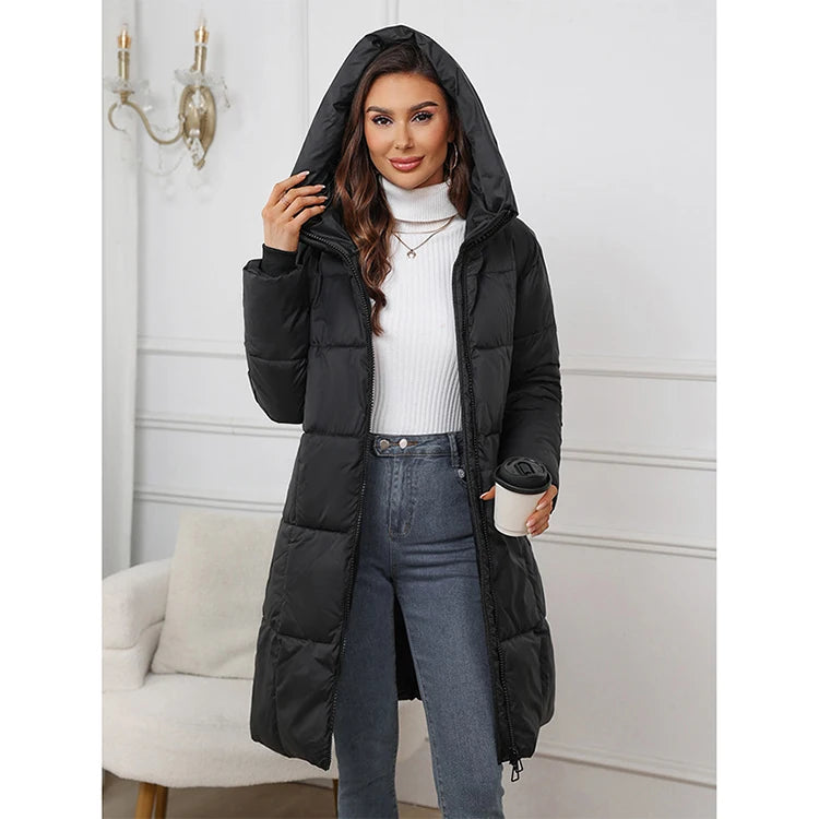 2026 Autumn/Winter New Mid-Length Thickened Plus-Size Fashion Casual Hooded Solid Cotton Coat for Women