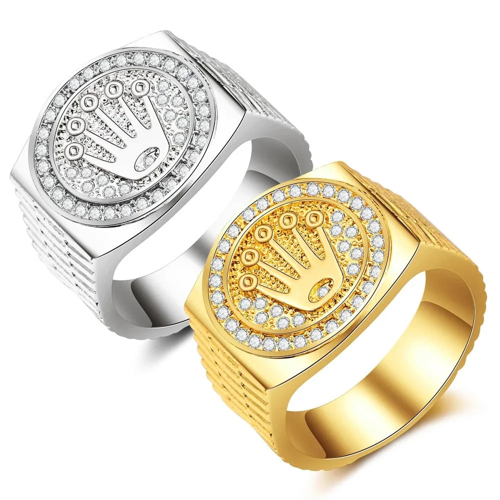 Fenyi Wholesale Jewelry Fashion Crown Shiny Rhinestone Men and Women Nightclub Party Hip-hop Gold and Silver Crown Ring