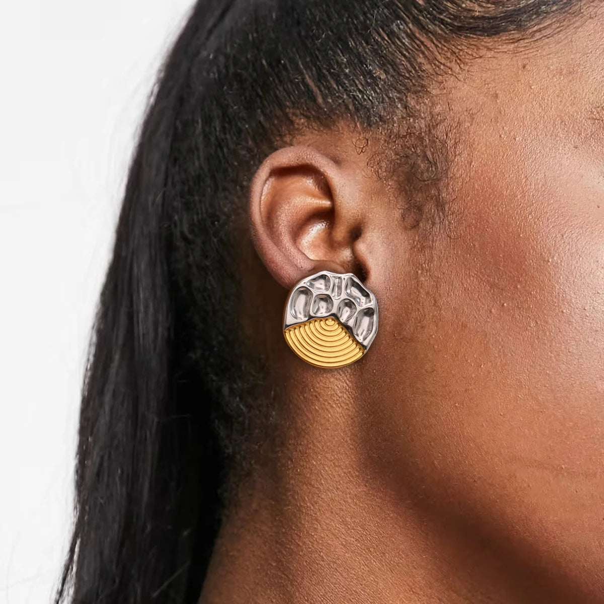 J&D 18k Gold Stainless Steel Two-Tone Spiral Antique Irregular Round Earrings Pair for Unique Statement Jewelry