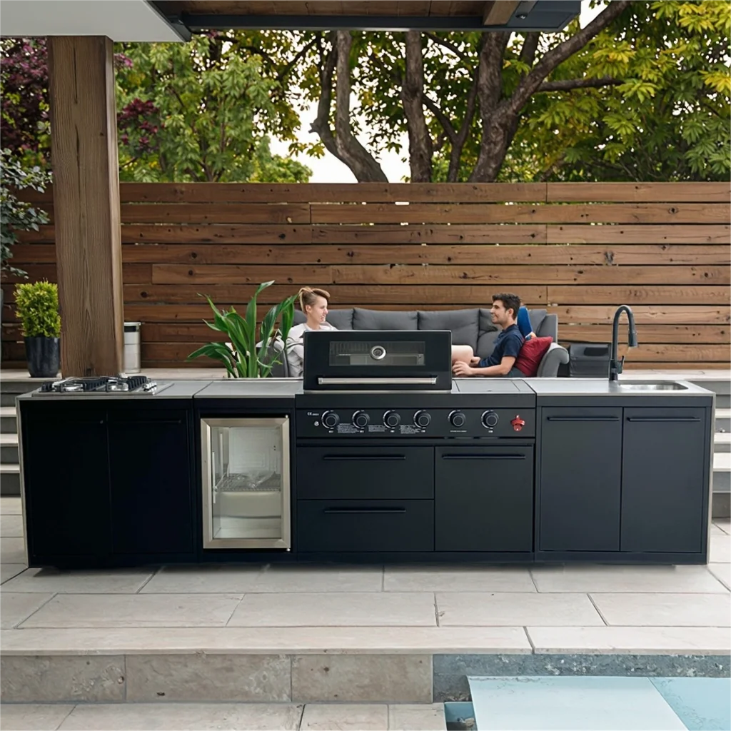 130 Inch BBQ Island Outdoor KItchen Sleek Matte Stainless Steel Gas 6 Burner Outdoor BBQ Kitchen All-in-One Cooktop Kitchen