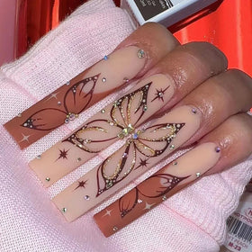 Factory Price Wholesale 24Pcs ABS Fake Nails Butterfly Glitter Powder Long Coffin Finger Nails Press on With Packaging Box