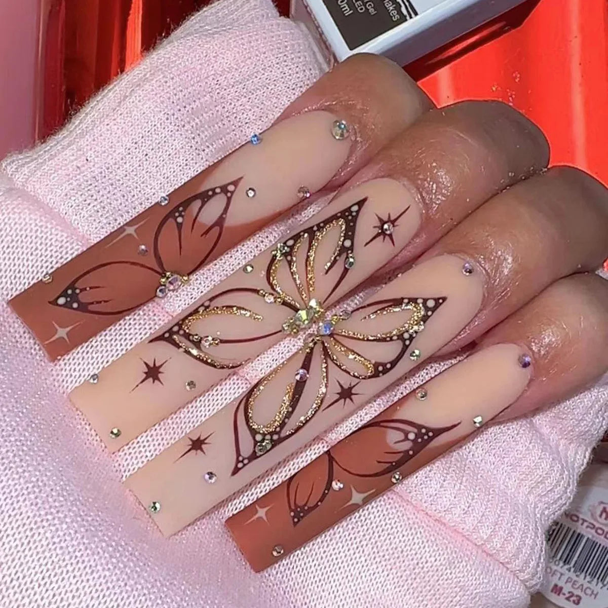 Factory Price Wholesale 24Pcs ABS Fake Nails Butterfly Glitter Powder Long Coffin Finger Nails Press on With Packaging Box