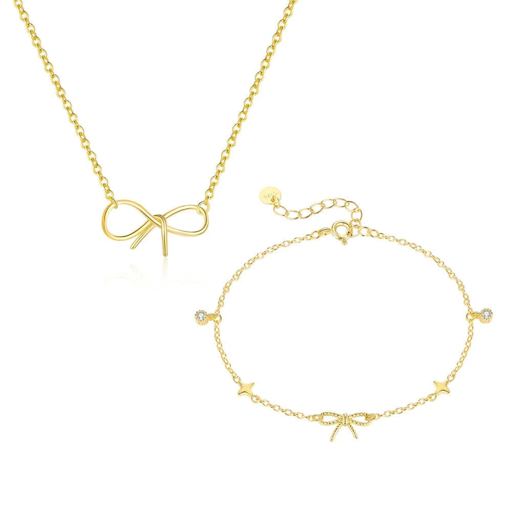 Cute S925 Fashion Jewelry Sets Classic Zircon Bow Star Pendant Necklace Charms Bracelets Earrings for Women