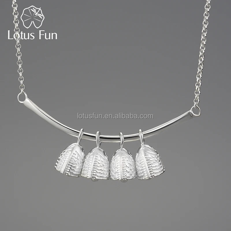 Lotus Fun Handmade Pure 925 Sterling Silver Vintage Fish Bell Chain Necklace for Women Fine Jewelry