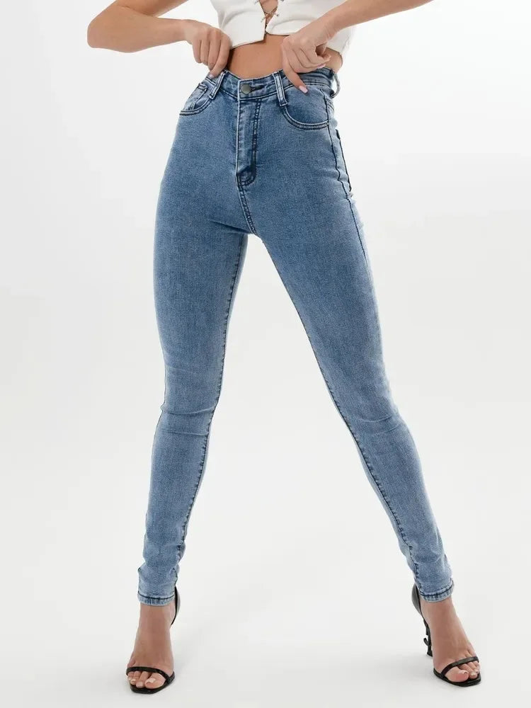 Women's Spring High-Waist Skinny Ankle Jeans - Slim-Fit Blue Stretch Office Style