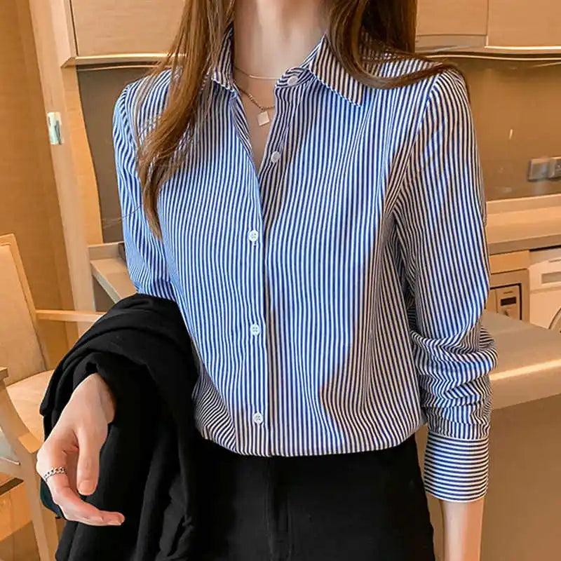 Single-Breasted Blouse for Women Long Sleeve Turn-Down Collar Korean All-Match Lady Shirts Plain Dyed Striped Loose for Office