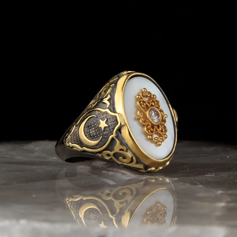 Turkish Style Vintage 925 Sterling Silver Ottoman Men's Ring Made in Turkey Model RCEGYT-269 with Rhodium Gold Bi-color Plating