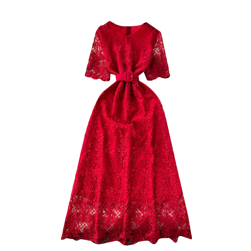 Elegant Casual Midi Dress for Women Empire Embroidery Hollow Out Sequined Lace Vestidos Purple Red Black Yellow